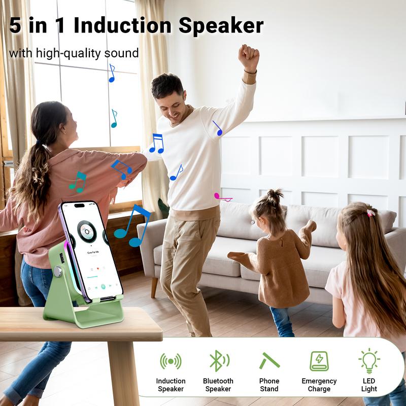 5-in-1 Wireless Charging Speaker Stand with LED Light - Phone & Tablet Holder