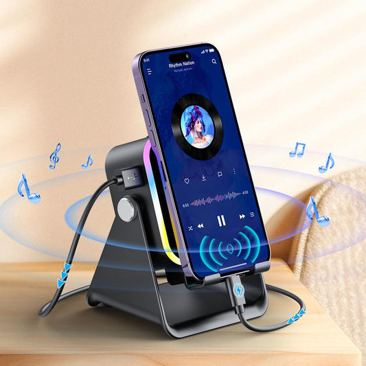 5-in-1 Wireless Charging Speaker Stand with LED Light - Phone & Tablet Holder