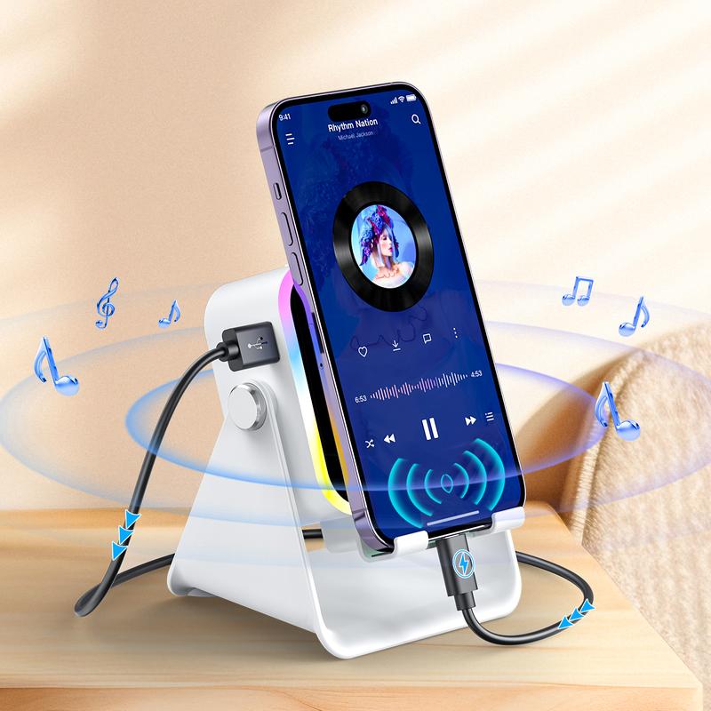 5-in-1 Wireless Charging Speaker Stand with LED Light - Phone & Tablet Holder