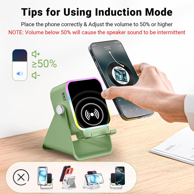 5-in-1 Wireless Charging Speaker Stand with LED Light - Phone & Tablet Holder