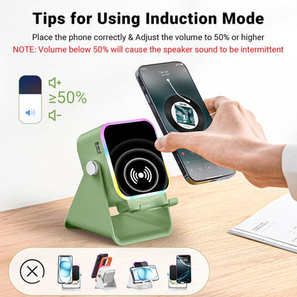 5-in-1 Wireless Charging Speaker Stand with LED Light - Phone & Tablet Holder