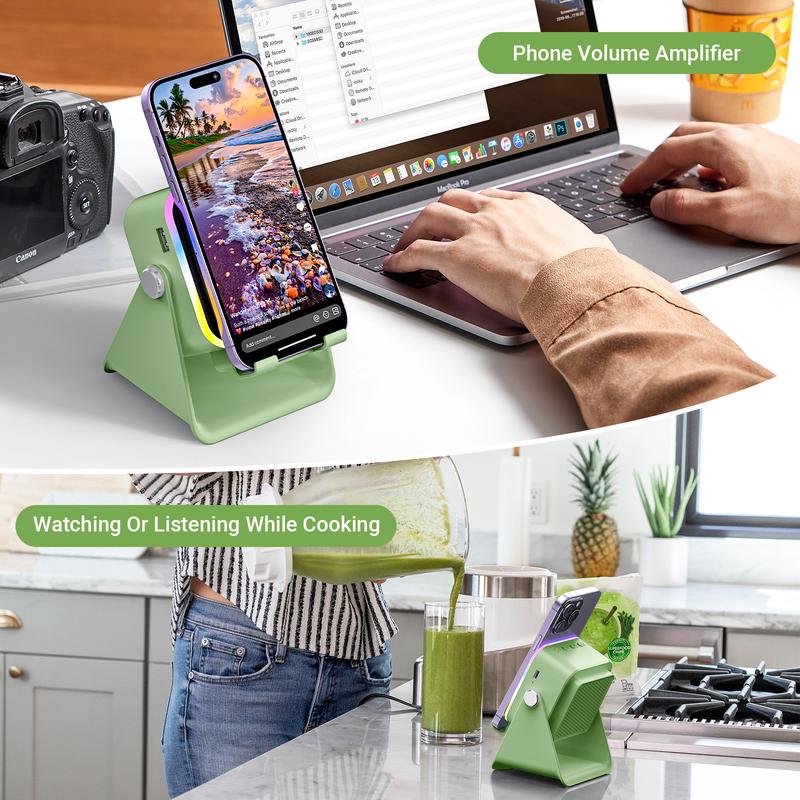 5-in-1 Wireless Charging Speaker Stand with LED Light - Phone & Tablet Holder